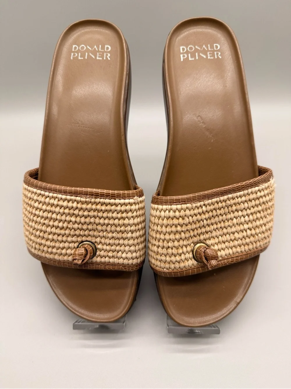 Donald J. Pliner Brown Slide Sandals with Woven Cream Strap FARRAH